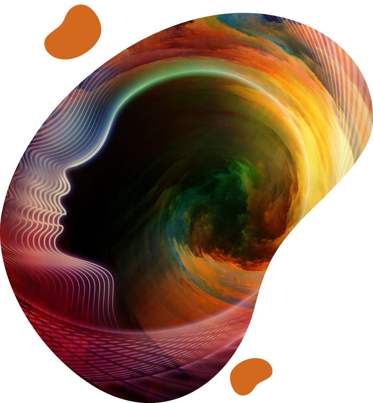 A colorful image of a person 's head in the shape of an abstract swirl.